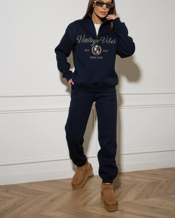 60/1 спортивний костюм на флісі з вишивкою кофта з блискавкою з коротким комірцем і штанами на резинці